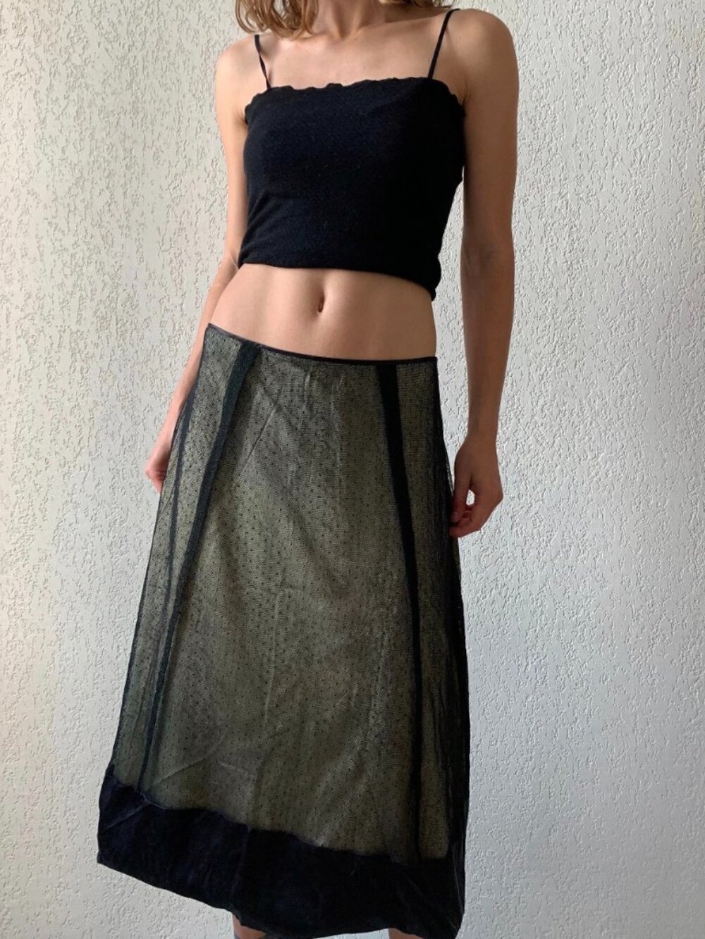 Black and Cream Silk Italian Skirt with Polka Dots